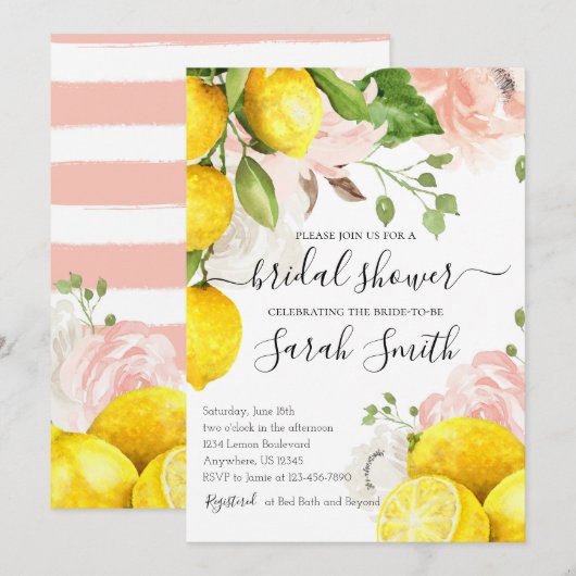 Lemon Bridal Shower Invitation met roze bloemen Kaart (Voorkant / Achterkant)
