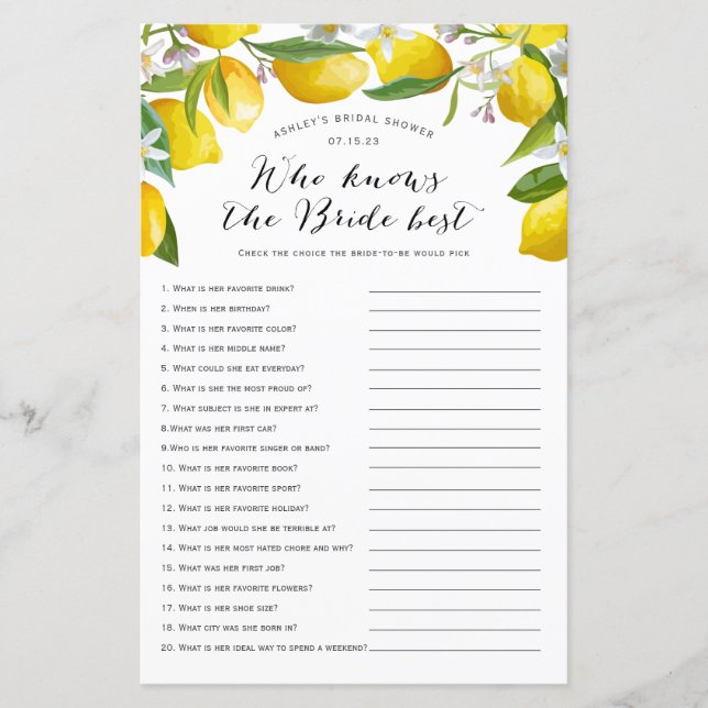 Lemon Bridal-spelletjes die de beste bruid kennen (Voorkant)