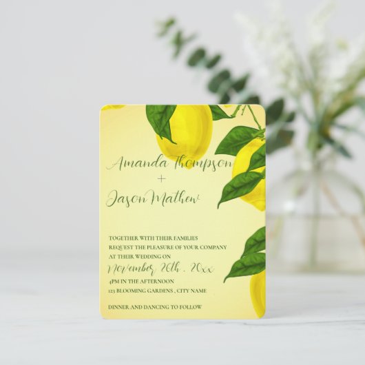  Lemon Bright Yellow Citrus Wedding Invitati Kaart (Staand voorkant)