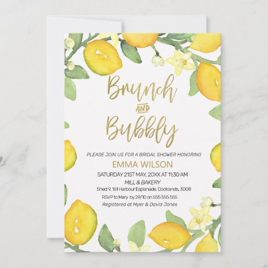 Lemon brunch en bubbly bridal doucheuitnodiging kaart (Voorkant)