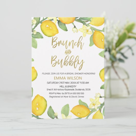 Lemon brunch en bubbly bridal doucheuitnodiging kaart (Staand voorkant)