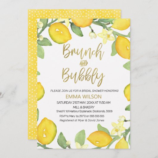 Lemon brunch en bubbly bridal doucheuitnodiging kaart (Voorkant / Achterkant)