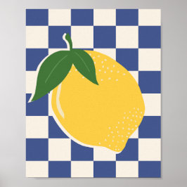 Lemon Checkerboard Retro Fruit Blauw Poster