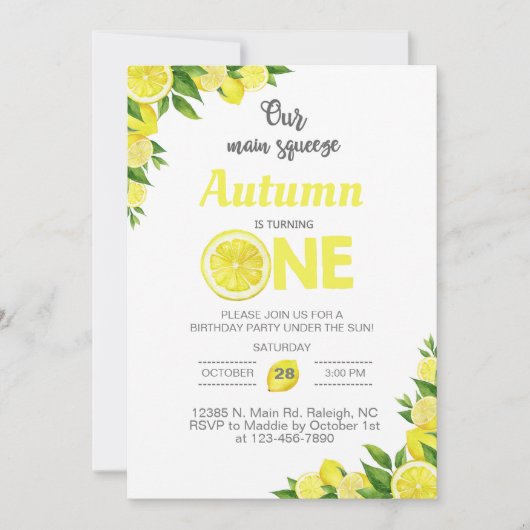 Lemon, citroenmeisje, eerste verjaardag uitnodigin kaart (Voorkant)