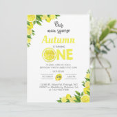 Lemon, citroenmeisje, eerste verjaardag uitnodigin kaart (Staand voorkant)