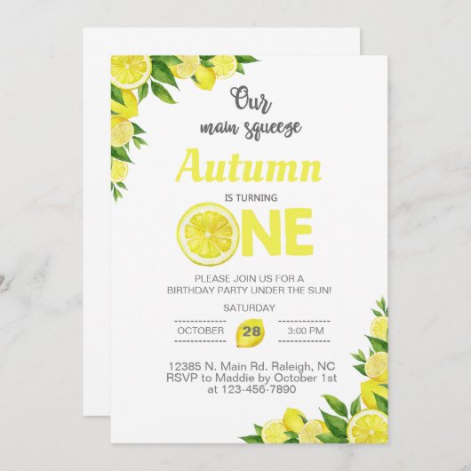 Lemon, citroenmeisje, eerste verjaardag uitnodigin kaart (Voorkant / Achterkant)