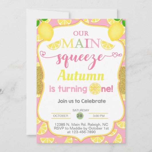 Lemon, citroenmeisje, eerste verjaardag uitnodigin kaart (Voorkant)