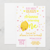 Lemon, citroenmeisje, eerste verjaardag uitnodigin kaart (Voorkant / Achterkant)