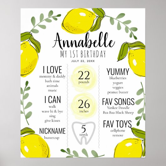 Lemon Citrus 1st Birthday Milestone Roze Poster (Voorkant)