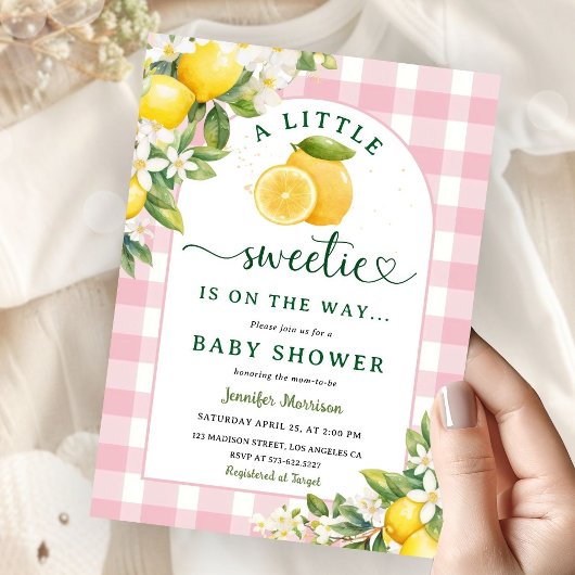 Lemon Citrus Baby shower Girl Pink Gingham Kaart