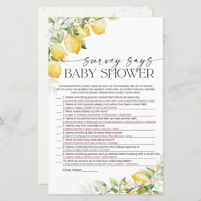 Lemon Citrus Baby shower Survey Zegt Game Kaart (Voorkant / Achterkant)