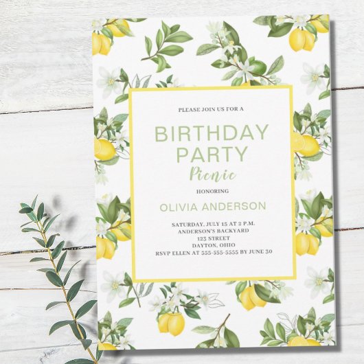 Lemon Citrus Birthday Party Picnic Invitation Kaart