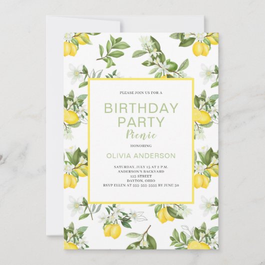 Lemon Citrus Birthday Party Picnic Invitation Kaart (Voorkant)