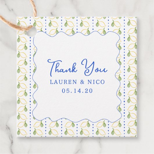 Lemon Citrus Blauw & Geel Huwelijk Dank u Bedankjes Labels (Voorkant)