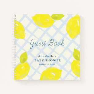 Lemon Citrus Blue Check Baby shower Gastenboek Notitieboek