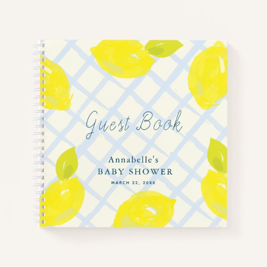 Lemon Citrus Blue Check Baby shower Gastenboek Notitieboek (Voorkant)