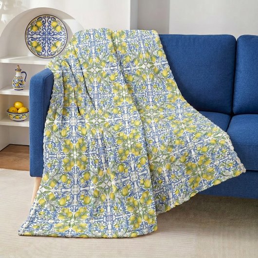 Lemon Citrus Blue Mediterranean Tile Pattern Fleece Deken