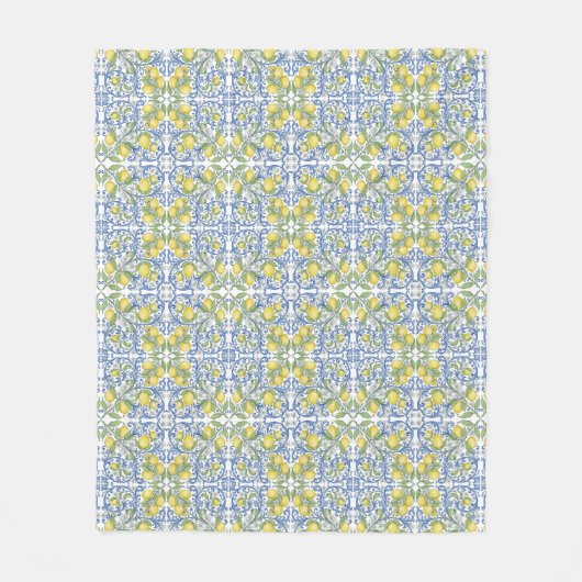 Lemon Citrus Blue Mediterranean Tile Pattern Fleece Deken (Voorkant)