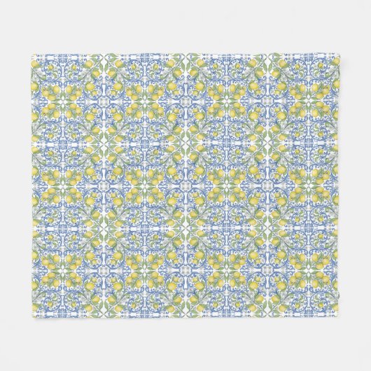 Lemon Citrus Blue Mediterranean Tile Pattern Fleece Deken (Voorkant (Horizontaal))