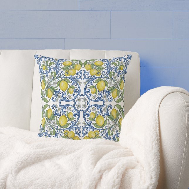Lemon Citrus Blue Scroll Italian Tile Pattern Kussen (Lemon Citrus Blue Scroll Italian Tile Pattern Throw Pillow)