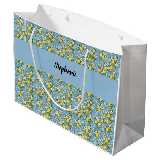 Lemon Citrus Blue Tile Pattern Monogram Name Groot Cadeauzakje (Achterkant Gekanteld)