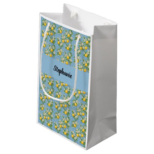 Lemon Citrus Blue Tile Pattern Monogram Name Klein Cadeauzakje (Achterkant Gekanteld)