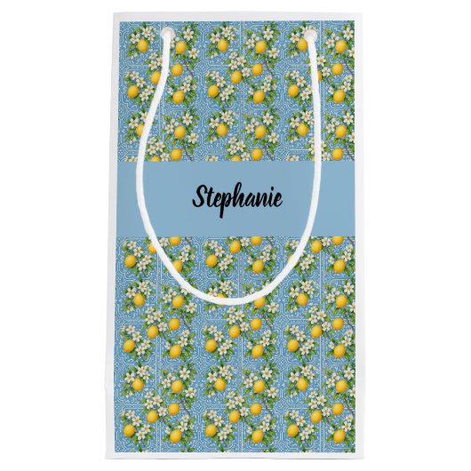 Lemon Citrus Blue Tile Pattern Monogram Name Klein Cadeauzakje (Voorkant)