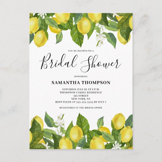 Lemon Citrus Bridal Shower Invitation Briefkaart (Voorkant)
