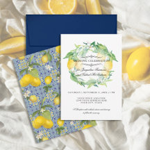 Lemon Citrus Floral Blue Tegel Waterverf bruiloft