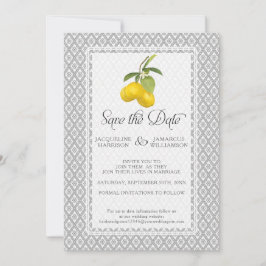 Lemon Citrus Floral Foliage Grey Yellow Photo Save The Date