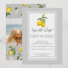Lemon Citrus Floral Foliage Grey Yellow Photo Save The Date
