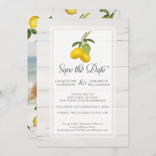 Lemon Citrus Floral Gray Yellow Foliage Foto Save The Date (Voorkant / Achterkant)