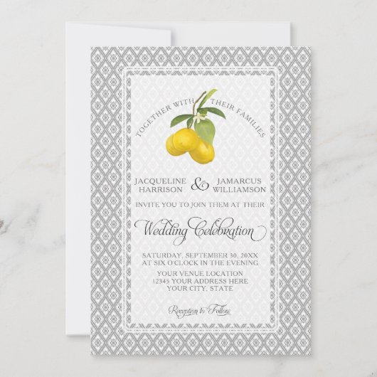 Lemon Citrus Floral Gray Yellow White Wedding Kaart (Voorkant)