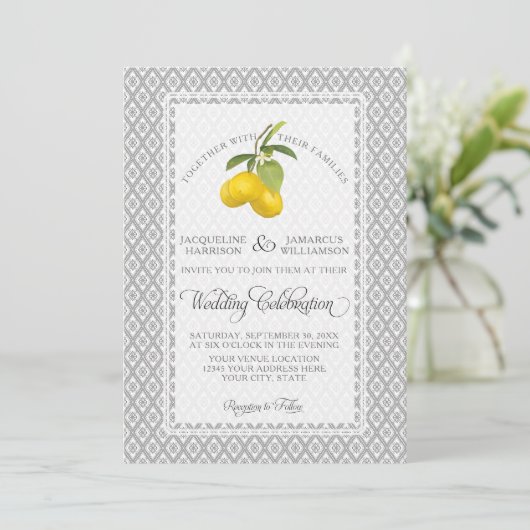 Lemon Citrus Floral Gray Yellow White Wedding Kaart (Staand voorkant)