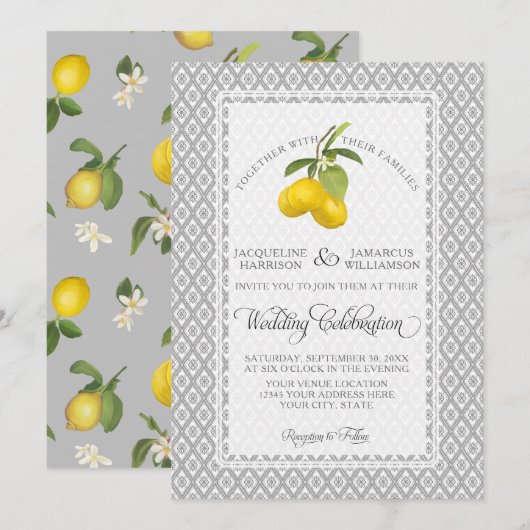 Lemon Citrus Floral Gray Yellow White Wedding Kaart (Voorkant / Achterkant)