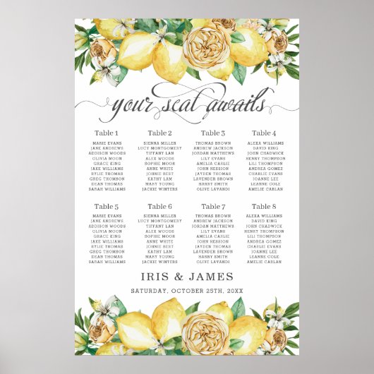 Lemon Citrus Floral Greenery Wedding Seating Chart Poster (Voorkant)