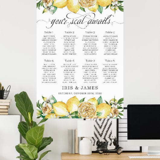Lemon Citrus Floral Greenery Wedding Seating Chart Poster (Thuiskantoor)