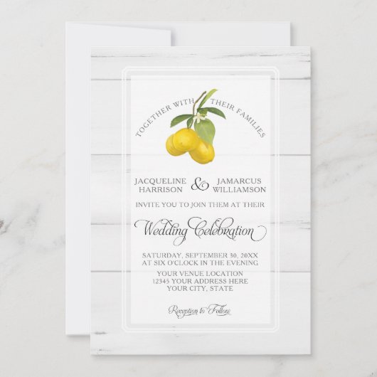 Lemon Citrus Floral Yellow White Grey Wood Weddens Kaart (Voorkant)