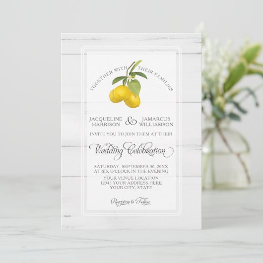 Lemon Citrus Floral Yellow White Grey Wood Weddens Kaart (Staand voorkant)
