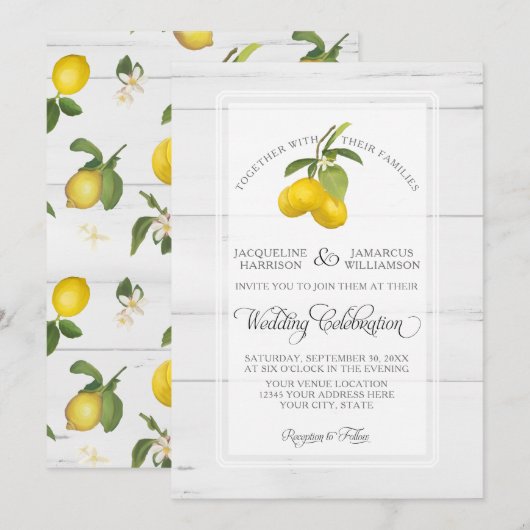 Lemon Citrus Floral Yellow White Grey Wood Weddens Kaart (Voorkant / Achterkant)