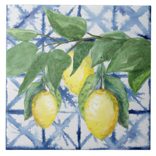Lemon Citrus Foliage Blue White Pattern Waterverf Tegeltje