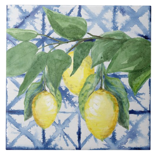 Lemon Citrus Foliage Blue White Pattern Waterverf Tegeltje (Voorkant)