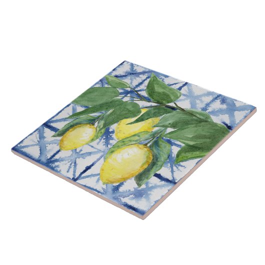 Lemon Citrus Foliage Blue White Pattern Waterverf Tegeltje (Zijkant)