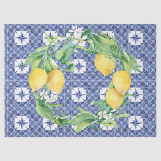 Lemon Citrus Foliage Farmhouse Navy Blue n White Tissuepapier (Voorkant)