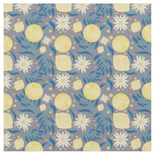 Lemon Citrus Gray Floral Stof (Close Up)