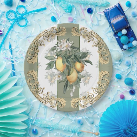 Lemon Citrus | Groen en wit gestreept legant Papieren Bordje (Feest)