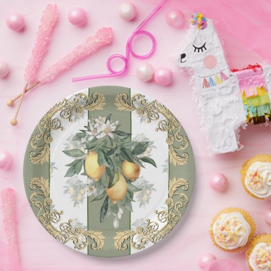 Lemon Citrus | Groen en wit gestreept legant Papieren Bordje (Feest)