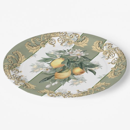 Lemon Citrus | Groen en wit gestreept legant Papieren Bordje (Gekanteld)