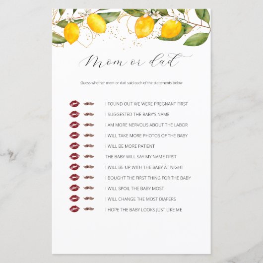 Lemon Citrus mam of pap Baby shower Game (Voorkant)