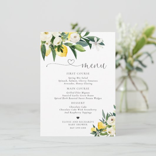 Lemon Citrus Mediterranean Botanical Baby shower Menu (Staand voorkant)